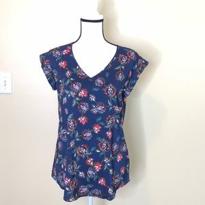 Express Womens V Neck Blue Floral Blouse Top Small